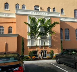 Venetian Renaissance architecture enhanced by tropical silhouettes.