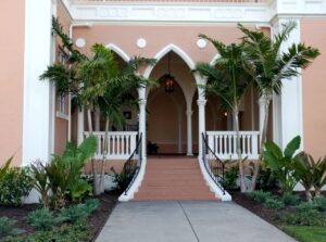 Vestibule view.  The shape of the leaves of the giant alocasia echo the Gothic arches.  They'll be quite a bit larger when grown in.  Steps and paving are now travertine.