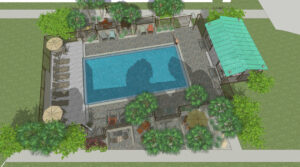 The pool upgrade provided areas partitioned for couples and groups and micropatios around the outside, assigned to adjacent units.  Compensation for being close to the pool.