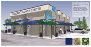 Children's Cancer Center - Optimized expression - Some saturated translucent color in the royal blue awnings echoes the identity and the blue LED night lighting.  The canopy trellis features plantings of queen's wreath petrea which blooms in a deep lavender color for about a week each spring, expressing a message of hope.  the plantings are supported by irrigated containers with an overplanting of mimosa for eye-level interest.